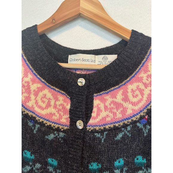 Vtg Robert Scott Ltd 100% Wool Cardigan Sweater Floral Women Sz 36 MED Button Up - Picture 10 of 13